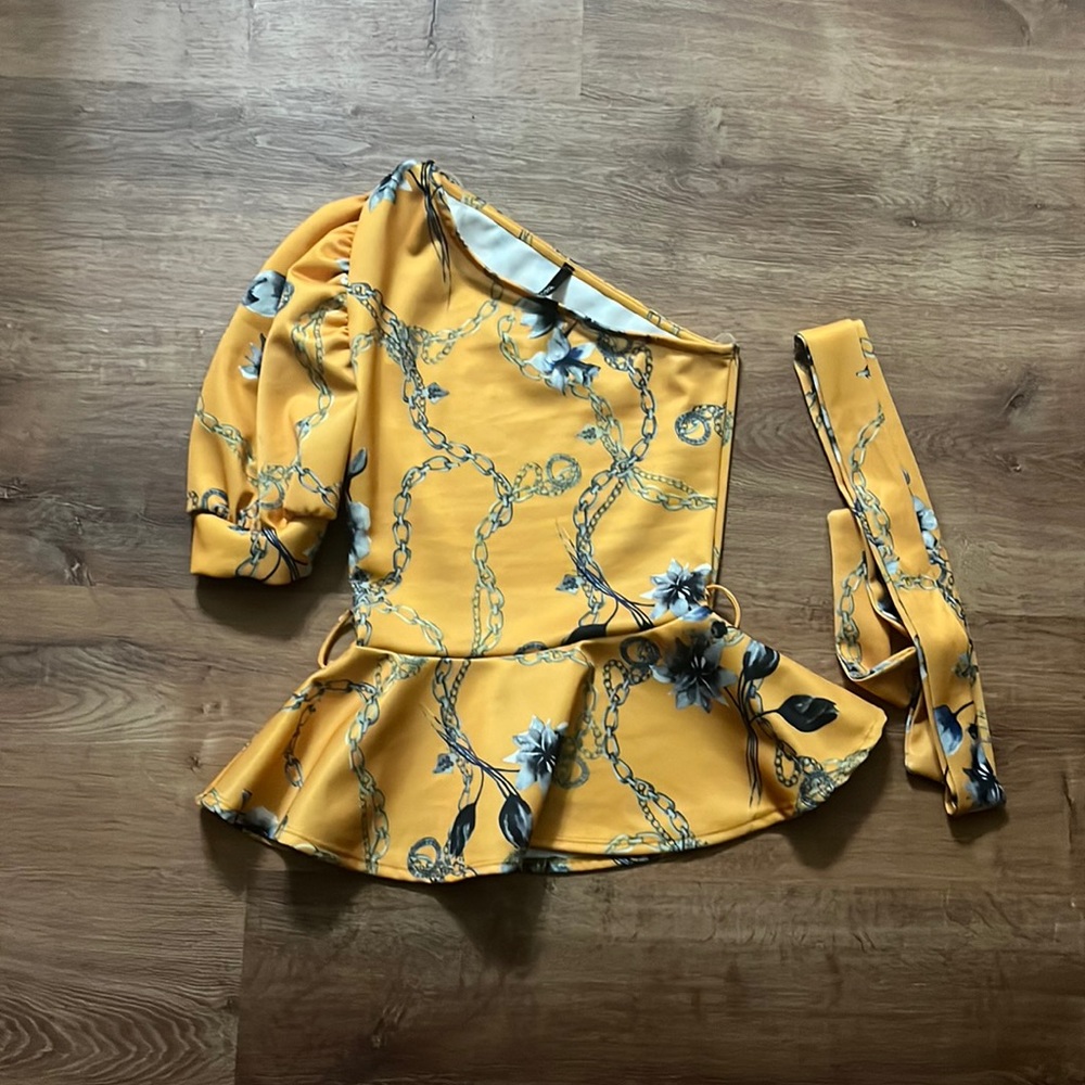 Deep yellow, one shoulder top, puffy sleeve, floral/chains detailing, with belt